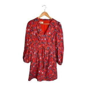 Eliza J Dress Floral Size Small Long Sleeve Red Blue Pockets Fit Flare